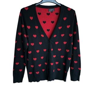 New POL Black and Red Heart Button Up Cardigan Valentine’s Day Ready L